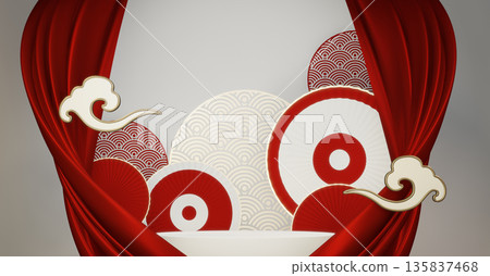 Abstract China Podium, minimal red and white color geometric design.3D rendering Abstract China Podium, minimal red and white color geometric design.3D rendering 135837468