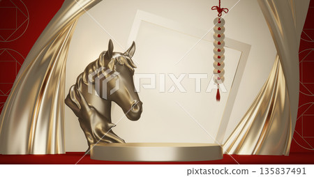 Year of the Horse ,Red Podium, minimal red geometric design.3D rendering Year of the Horse ,Red Podium, minimal red geometric design.3D rendering 135837491