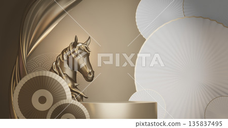 Year of the Horse ,Red Podium, minimal red geometric design.3D rendering Year of the Horse ,Red Podium, minimal red geometric design.3D rendering 135837495