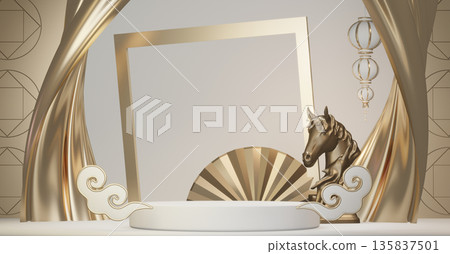 Year of the Horse ,China White Podium, minimal red geometric design.3D rendering Year of the Horse ,China White Podium, minimal red geometric design.3D rendering 135837501