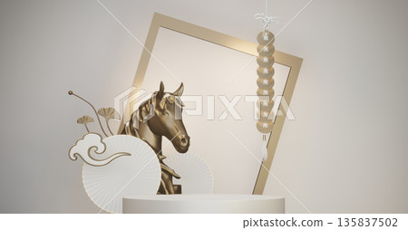Year of the Horse ,China White Podium, minimal red geometric design.3D rendering Year of the Horse ,China White Podium, minimal red geometric design.3D rendering 135837502