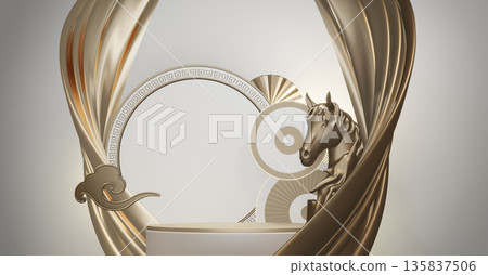 Year of the Horse ,China White Podium, minimal red geometric design.3D rendering Year of the Horse ,China White Podium, minimal red geometric design.3D rendering 135837506