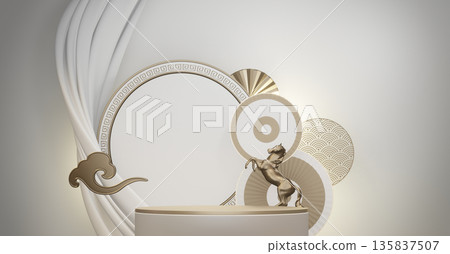 Year of the Horse ,China White Podium, minimal red geometric design.3D rendering 135837507