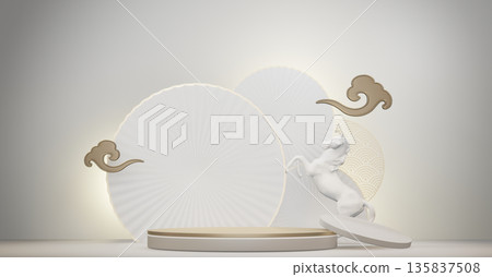 Year of the Horse ,China White Podium, minimal red geometric design.3D rendering Year of the Horse ,China White Podium, minimal red geometric design.3D rendering 135837508