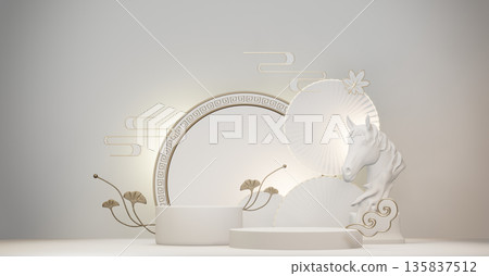 Year of the Horse ,China White Podium, minimal red geometric design.3D rendering Year of the Horse ,China White Podium, minimal red geometric design.3D rendering 135837512