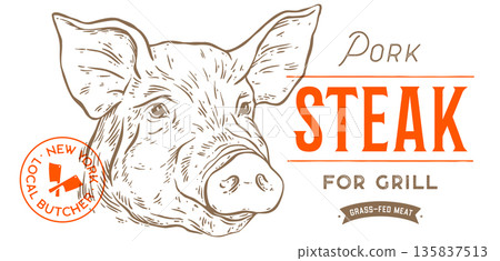 Pork, pig, hog, meat sketch, hand drawn Pork, pig, hog, meat sketch, hand drawn 135837513