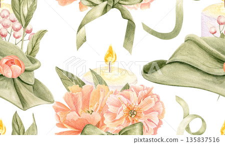 Burning candle, blooming peonies, green hat with soft folds, butterflies and berries watercolor seamless pattern. Perfect for wedding invites, tape, packaging, romantic decor and seasonal designs Burning candle, blooming peonies, green hat with soft folds, butterflies and berries watercolor seamless pattern. Perfect for wedding invites, tape, packaging, romantic decor and seasonal designs 135837516