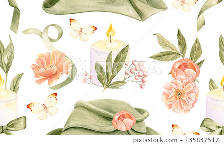 Burning candle, blooming peonies, green hat with soft folds, butterflies and berries watercolor seamless border. Perfect for wedding invites, tape, packaging, romantic decor and seasonal designs Burning candle, blooming peonies, green hat with soft folds, butterflies and berries watercolor seamless border. Perfect for wedding invites, tape, packaging, romantic decor and seasonal designs 135837517