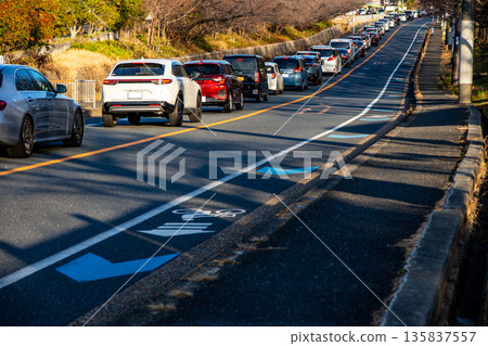 An endless line of cars stuck in traffic in the evening 135837557
