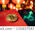 Bitcoin Cryptocurrency Coin on Red Envelope Next to Phone Displaying Market Growth. 135837583