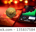 Bitcoin Cryptocurrency Coin on Red Envelope Next to Phone Displaying Market Growth. 135837584