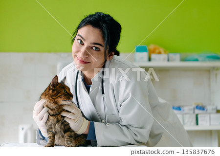 Compassionate Vet Examines Cat in Clinic With Stethoscope, Warm Smile, and Gentle Care 135837676