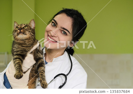 Joyful Veterinarian Holding Cat, Pet Care, Happy Doctor with Stethoscope in Clinic, Bright Smile, Green Wall 135837684