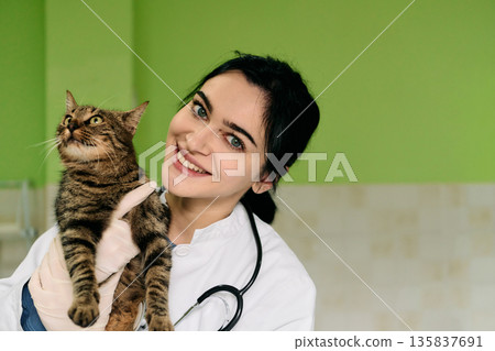 Female Veterinarian With Cat In Clinic Smiling At Camera During Routine Checkup For Pet Care Female Veterinarian With Cat In Clinic Smiling At Camera During Routine Checkup For Pet Care 135837691
