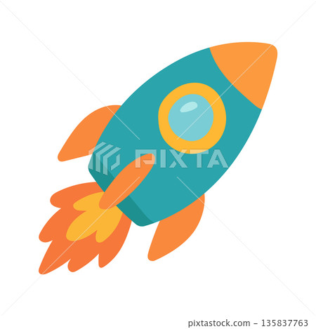 Colorful cartoon rocket launching into space, perfect for startup technology themes, innovation concepts, and children science education graphics 135837763