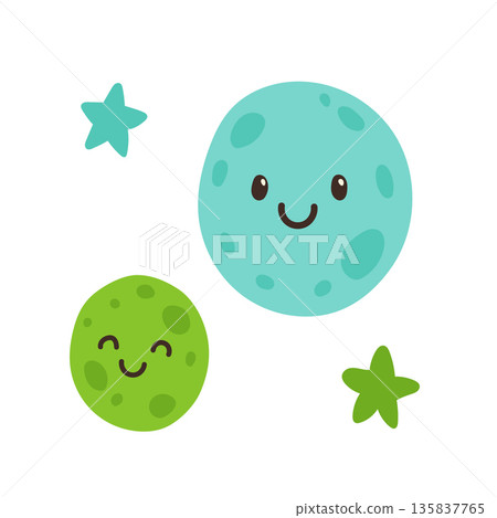 Cute planets and stars illustration for nursery decor, showing friendly celestial characters for baby room, astronomy learning, and bedtime design Cute planets and stars illustration for nursery decor, showing friendly celestial characters for baby room, astronomy learning, and bedtime design 135837765