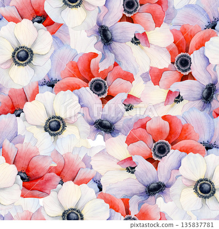 Watercolor blooming poppies meadow seamless pattern. Lots of white, red and pastel purple field anemones repeat background. Spring floral wallpaper or fabric print in romantic botanical style 135837781