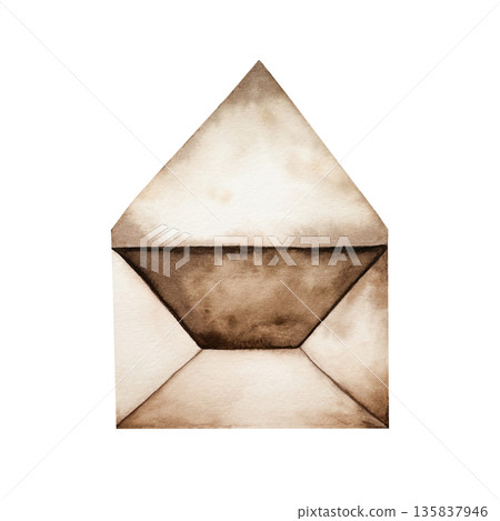 Vintage open paper envelope. Watercolor blank, hand drawn retro style illustration isolated on background, transparent png. Botanical and wedding clip art. For greeting card, wallpaper, wrapping paper 135837946