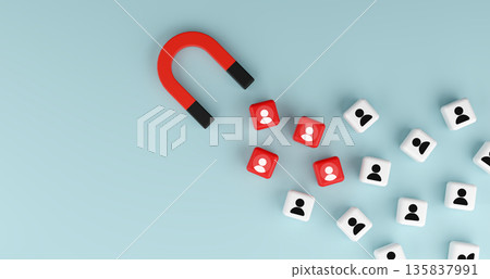 Magnet attracting selected red human icons among white cubes on blue background. Concept for talent acquisition, recruitment marketing, hiring professional employees and strategic HR management. Magnet attracting selected red human icons among white cubes on blue background. Concept for talent acquisition, recruitment marketing, hiring professional employees and strategic HR management. 135837991