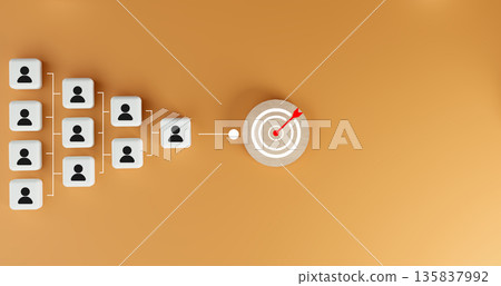 Business flowchart leading to a dartboard with red arrow on orange background. Concept for precision marketing, goal achievement, target audience selection, and strategic business planning. Business flowchart leading to a dartboard with red arrow on orange background. Concept for precision marketing, goal achievement, target audience selection, and strategic business planning. 135837992