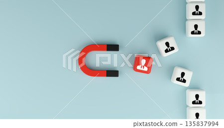 Magnet attracting red human icon among white cubes on blue background. Concept for talent acquisition, recruitment marketing, hiring professional employees and human resources management. 135837994