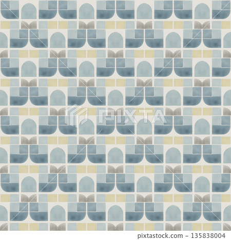 Abstract watercolor geometrical background, retro style seamless pattern in beige and blue tones 135838004