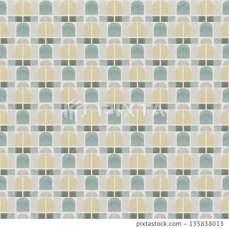Abstract watercolor geometrical background, retro style seamless pattern in beige and blue tones 135838013