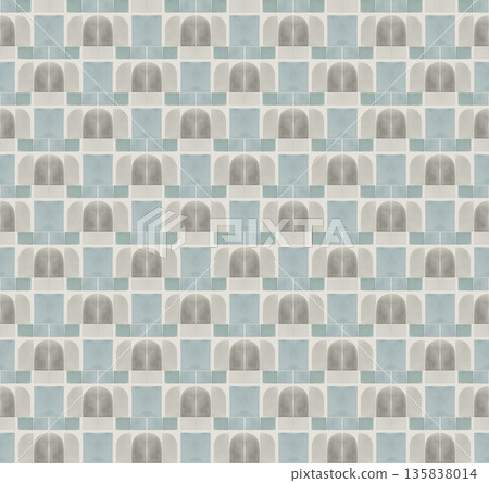 Abstract watercolor geometrical background, retro style seamless pattern in beige and blue tones 135838014
