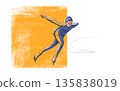 Speed skating. Athlete on skates. Sports, health, and Winter Olympics. Bright, colorful illustration with textures for design. 135838019