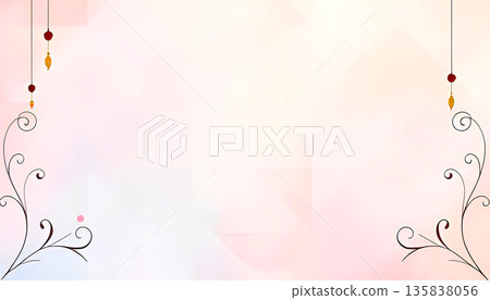 Soft Pastel Background with Elegant Decorative Floral Corners and Hanging Ornaments, Light Minimal Romantic Design for Invitations, Wedding Cards, Greetings 135838056
