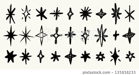 Crayon star and sparkle vector set with rough pencil texture. Hand drawn doodle stars, crosses and sparkles in chalk style. Great for wallpaper, fabric, wrapping paper, print, kids projects Crayon star and sparkle vector set with rough pencil texture. Hand drawn doodle stars, crosses and sparkles in chalk style. Great for wallpaper, fabric, wrapping paper, print, kids projects 135838233