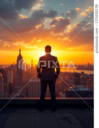 Successful Businessman in Suit Standing on Rooftop Looking at City Skyline During Sunset, Visionary Leadership and Future Business Goals Concept, Cinematic Golden Hour Lighting on Skyscraper. Successful Businessman in Suit Standing on Rooftop Looking at City Skyline During Sunset, Visionary Leadership and Future Business Goals Concept, Cinematic Golden Hour Lighting on Skyscraper. 135838236