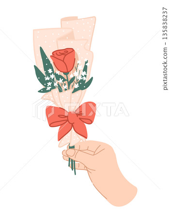 Holding a flower bouquet in hand as a gift for a woman with love on Valentine or Mother's Day Holding a flower bouquet in hand as a gift for a woman with love on Valentine or Mother's Day 135838237
