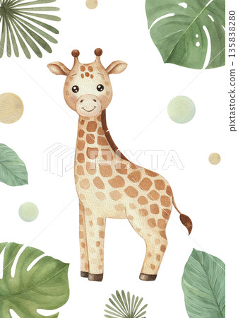 Cute giraffe and tropical leaves illustration 135838280