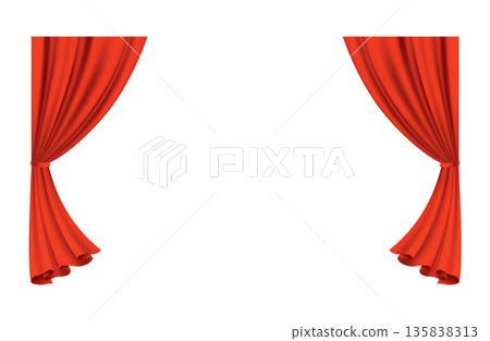 Red curtains realistic. Theater fabric silk decoration for movie cinema or opera hall. Curtains and draperies interior decoration object. Isolated on transparent for theater stage Red curtains realistic. Theater fabric silk decoration for movie cinema or opera hall. Curtains and draperies interior decoration object. Isolated on transparent for theater stage 135838313