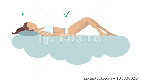 Correct sleeping body posture. Healthy sleeping position spine on orthopedic mattress and pillow. Caring for health of back, neck. Vector illustration Correct sleeping body posture. Healthy sleeping position spine on orthopedic mattress and pillow. Caring for health of back, neck. Vector illustration 135838320