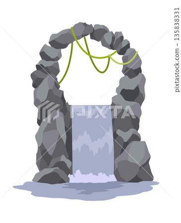 Cartoon river waterfall. Landscape with mountains and trees. Design element for travel brochure or illustration mobile game. Fresh natural water Cartoon river waterfall. Landscape with mountains and trees. Design element for travel brochure or illustration mobile game. Fresh natural water 135838331