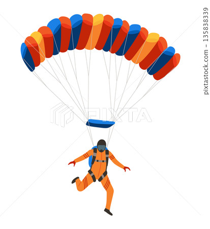 Cartoon skydiver character. Guy jumping from an airplane, free fall, flying in sky, people falling in different poses, extreme sport 135838339