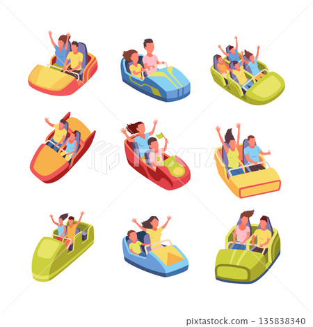 Roller coaster happy people. Rollercoaster. Friends riding in amusement park have fun positive emotion, park attractions. Young people having fun and enjoyment, cartoon vector illustration 135838340