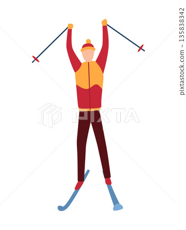 Man on mountain ski resort. Winter web banner design element. Sport on vacations or winter activity. Sports descent on skis in mountains hills. Vector cartoon illustration 135838342