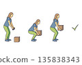Lifting technique safe movement. Safety. Correct instruction for moving heavy packages for workers. Ergonomic movement for loading objects vector flat illustration 135838343
