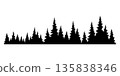 Fir trees silhouette. Coniferous spruce horizontal background pattern, black evergreen woods vector illustration. Beautiful hand drawn panorama of coniferous forest 135838346