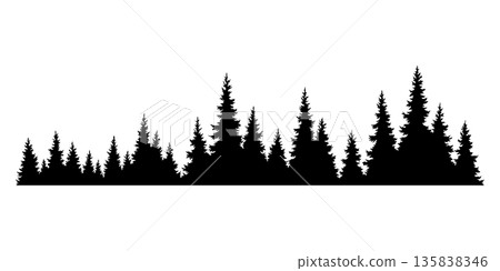 Fir trees silhouette. Coniferous spruce horizontal background pattern, black evergreen woods vector illustration. Beautiful hand drawn panorama of coniferous forest Fir trees silhouette. Coniferous spruce horizontal background pattern, black evergreen woods vector illustration. Beautiful hand drawn panorama of coniferous forest 135838346