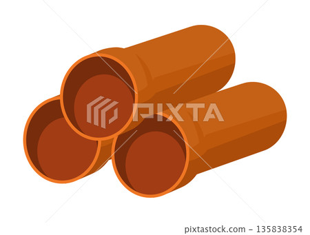 Modular terracotta pipes with circular openings in open storage space, Arrangement of sturdy orange ceramic pipes with circular openings in outdoor storage area Modular terracotta pipes with circular openings in open storage space, Arrangement of sturdy orange ceramic pipes with circular openings in outdoor storage area 135838354
