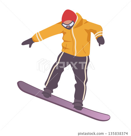 Modern flat vector illustration of a snowboard jump on a mountain slope 135838374