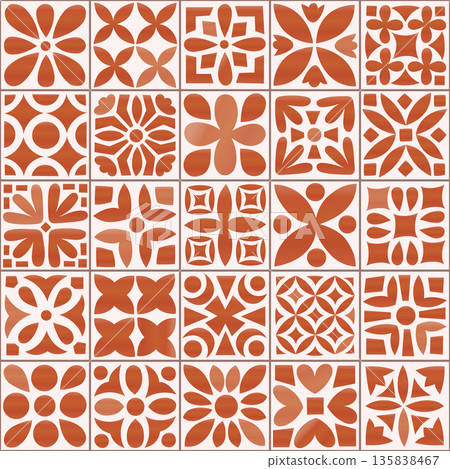 Watercolor botanical ornamental oriental tile seamless pattern. Floral moroccan, saudi, turkey vector package, fabric, wall, floor design. Arabic clay ceramic mosaic. 135838467