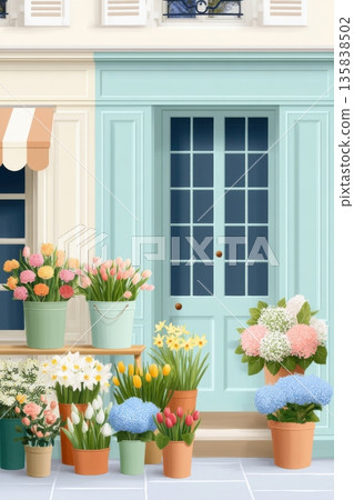An illustration of a charming French flower shop facade decorated for spring. Buckets of colorful tulips, daffodils, and hydrangeas outside. Pastel blue An illustration of a charming French flower shop facade decorated for spring. Buckets of colorful tulips, daffodils, and hydrangeas outside. Pastel blue 135838502