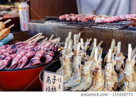 Grilled sweetfish, squid, food stall, outdoor 135838773