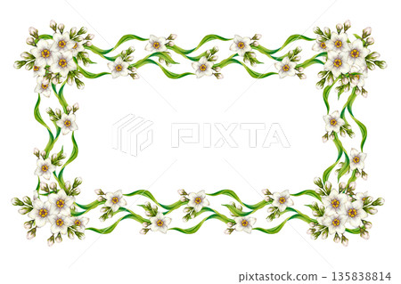 Floral frame with wavy green leaves, white flowers. Botanical watercolor horizontal template in vintage style. Perfect for wedding invites, botanical prints, eco design, summer and spring decoration Floral frame with wavy green leaves, white flowers. Botanical watercolor horizontal template in vintage style. Perfect for wedding invites, botanical prints, eco design, summer and spring decoration 135838814