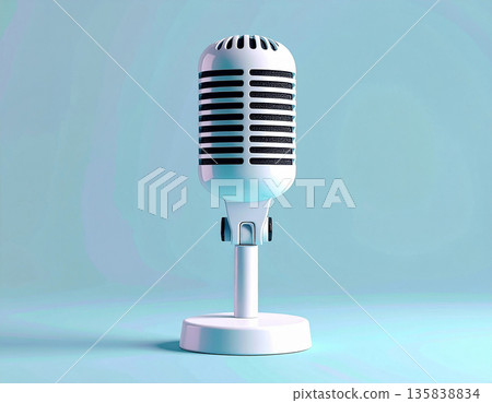 Minimalist environment. Studio microphone for podcasting on a white background. Minimalist environment. Studio microphone for podcasting on a white background. 135838834